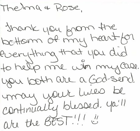 Handwritten thank you note from client D.D. to attorneys Thelma Cohen and Rose