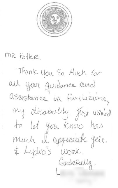 Handwritten thank you letter from client Louis D. to attorney Joshua Potter