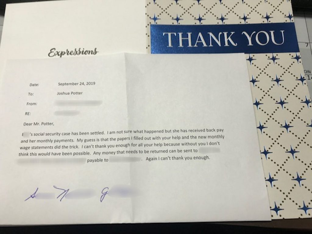 Formal thank you letter from client S.N.G. to attorney Joshua Potter about Social Security case