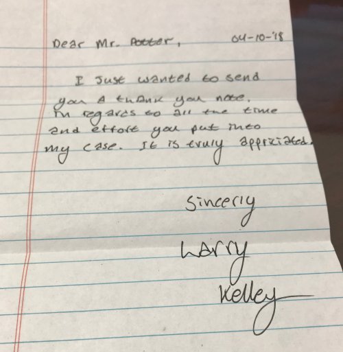 Handwritten thank you note from client Larry Kelley to attorney Joshua Potter