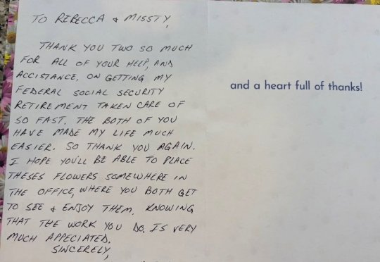 Handwritten thank-you card from a grateful client