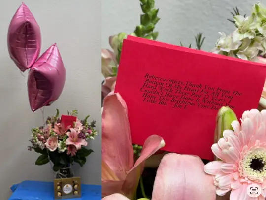 Flower bouquet with balloons and handwritten thank you card from client Jon L. to Rebecca and Misty